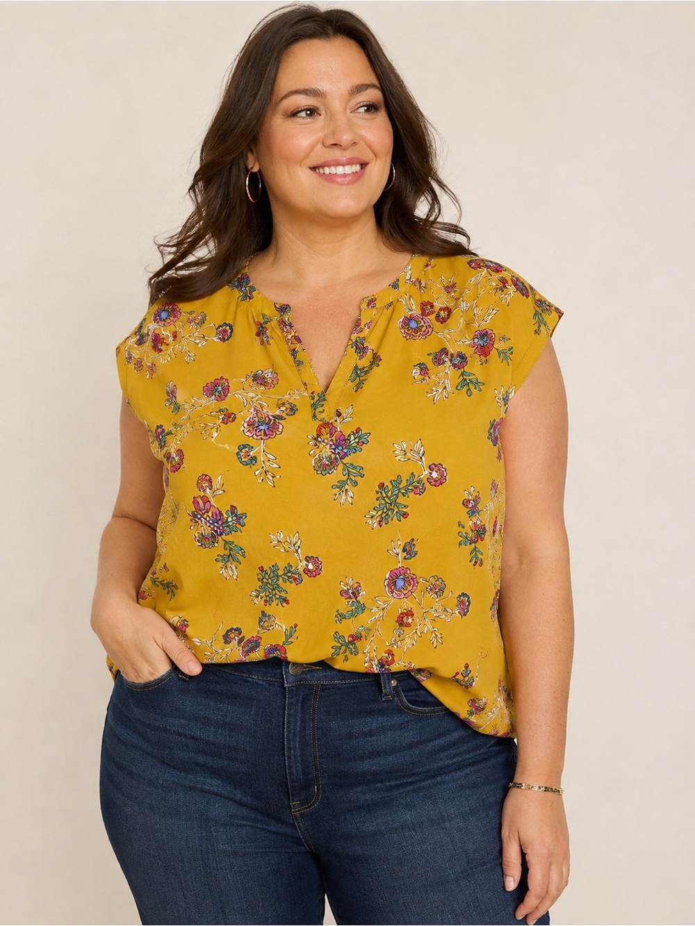 Old Navy 2X Plus Mustard Yellow Floral Split Neck Cap Sleeve Blouse Top